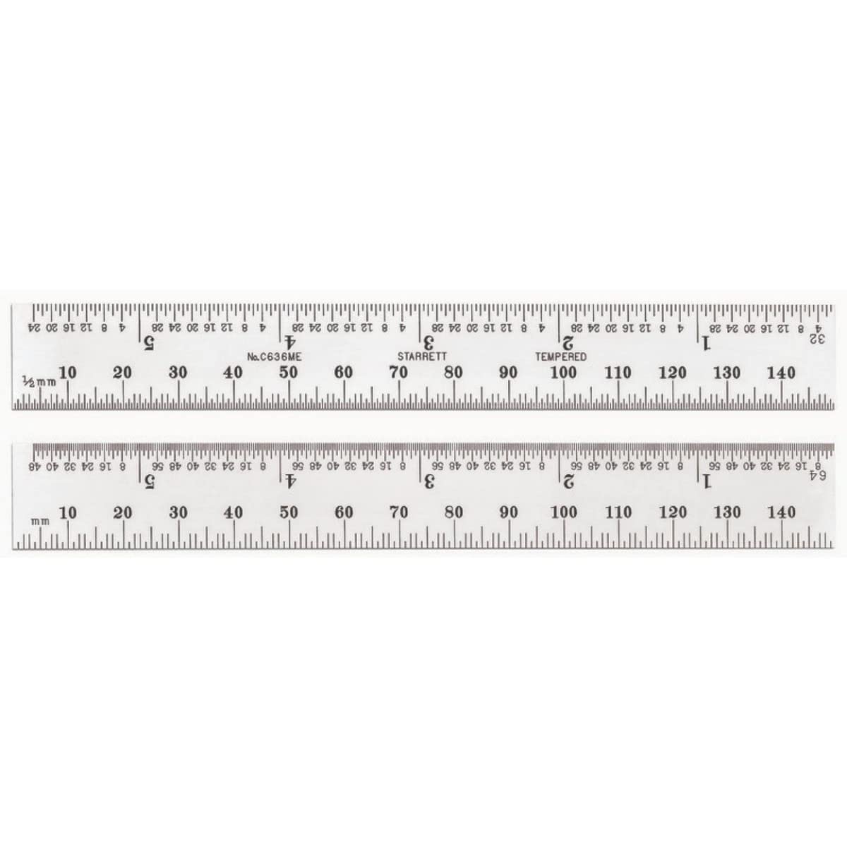 Starrett C636ME-150 Spring Tempered Steel Rule With Millimetre And Inch Graduations, 150mm Length, 19mm Width, 1.2mm Thickness