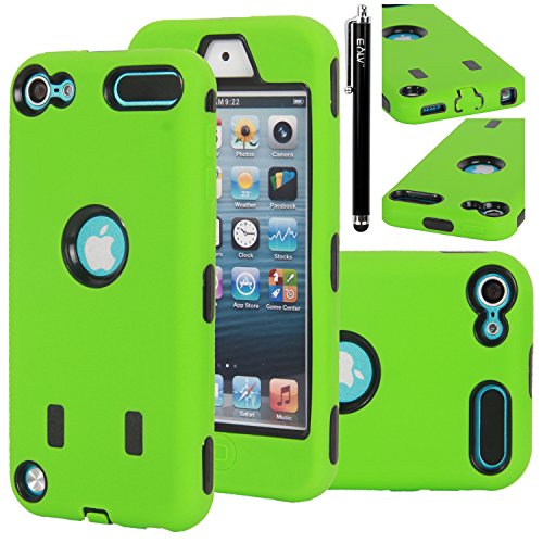 iPod Touch 5 Case, E LV iPod Touch 5 Case - Hard and Soft Hybrid Armor Defender Sports Combo Case for Apple iPod Touch 5 iTouch 5th Generation with 1 Screen Protector, 1 Black Stylus, 1 Water Resistant Bag and 1 E LV Microfiber Digital Cleaner (GREEN / BLACK)