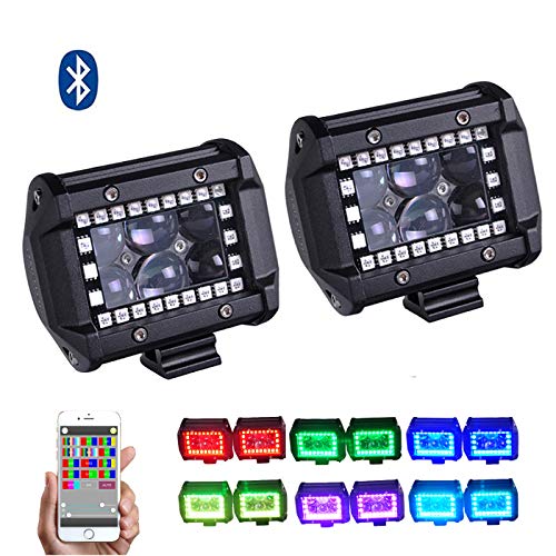 Omotor 2PCS 18w 4inch RGB Led Work Light with App Bluetooth Control Rgb Halo 5d Lens Multicolor colors Over 72 Flashing Modes Ip68 Waterproof Off Road Lights Driving Headlight fits Jeep Suv Truck