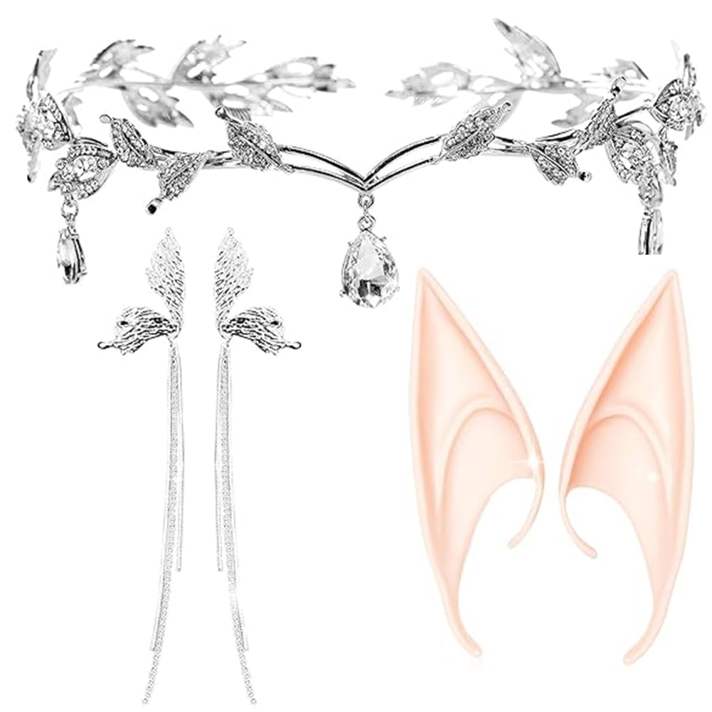 Yuelulala Set of 3 Silver Elf Headpiece Elf Ears Elf Crown Tiara Fairy Head Jewelry Fairy Circlet Headpiece for Cosplay Halloween Costume Women Wedding Party (A170-3)