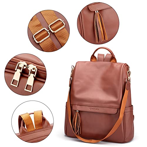 Oyifan Backpack Purse for Women Leather Large Fashion Travel Backpack Ladies Anti-theft Designer Shoulder bags with Tassel Brown