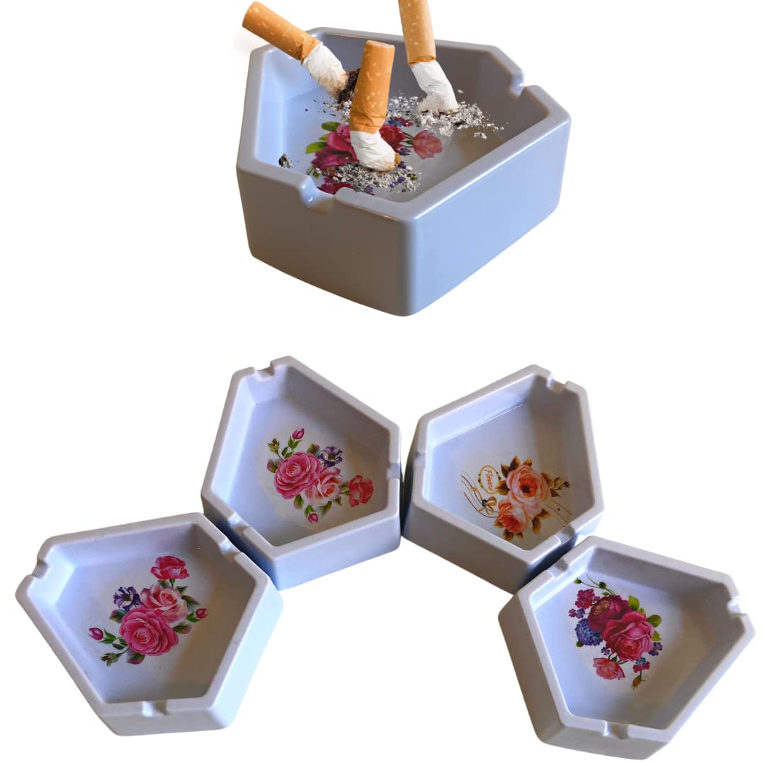 Naramaki® Small Ashtray - 12 Hexagonal Plastic Ashtray - White Ashtray (Floral)