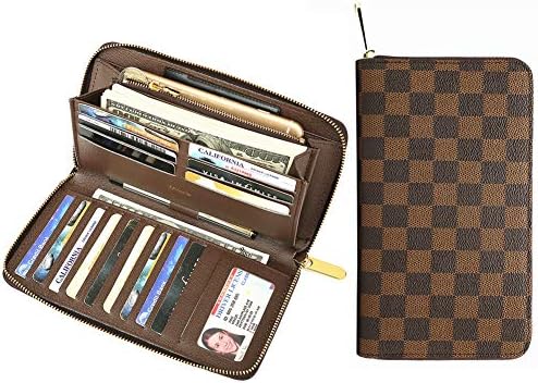 Miracle Large Capacity Checkered Zip Around Travel Wallet and Phone Clutch - RFID Blocking with Card Holder Organizer for Men Women (Brown)
