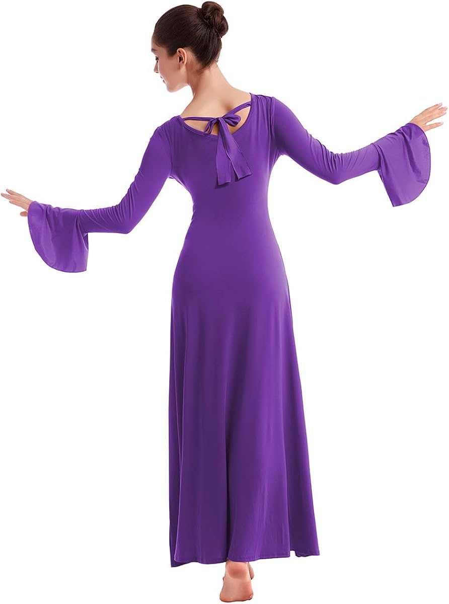 Womens Praise Bell Long Sleeve Dance Dress Loose Fit Full Length Liturgical Lyrical Worship Dancewear: Clothing