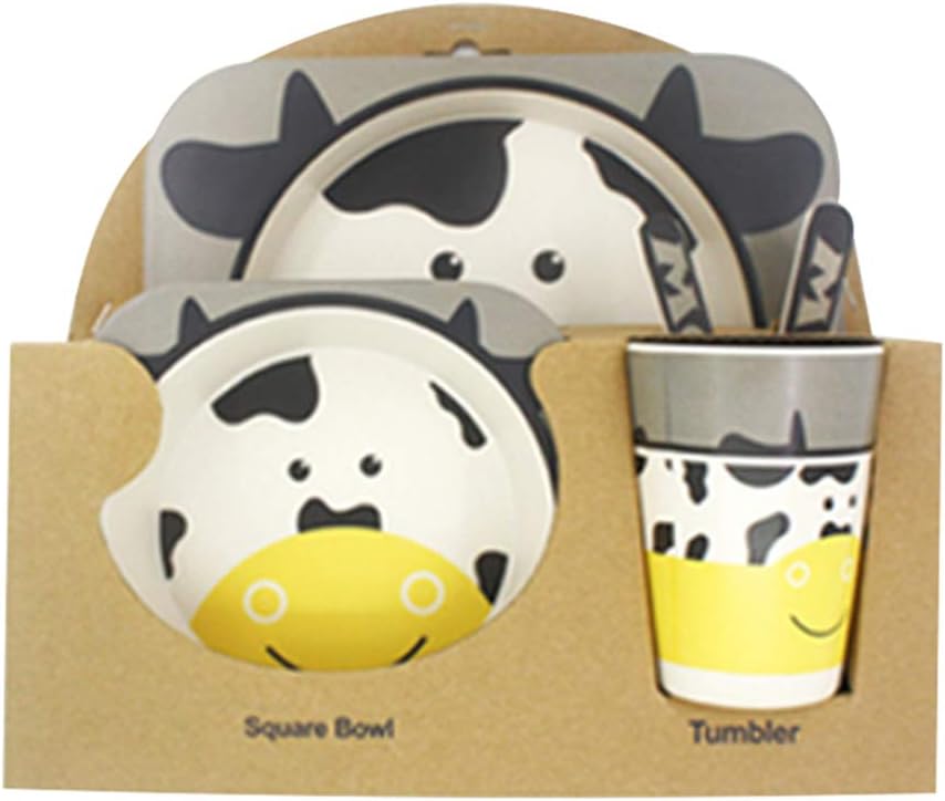 IHOMYIPET 5-Piece Bamboo Dinner Set for Children, Animal Design - Kids Dinner Set Includes Round Bamboo Plate, Toddler…