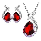 SMTSMT Women Crystal Pendant Silver Plated Chain Necklace (Red)