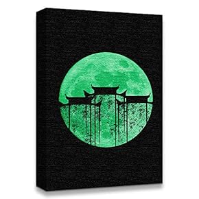 Canvas Wall Art Abstract Green Moon with Pop-up Black Pattern Painting Artwork for Home Prints Framed - 12x18 inches