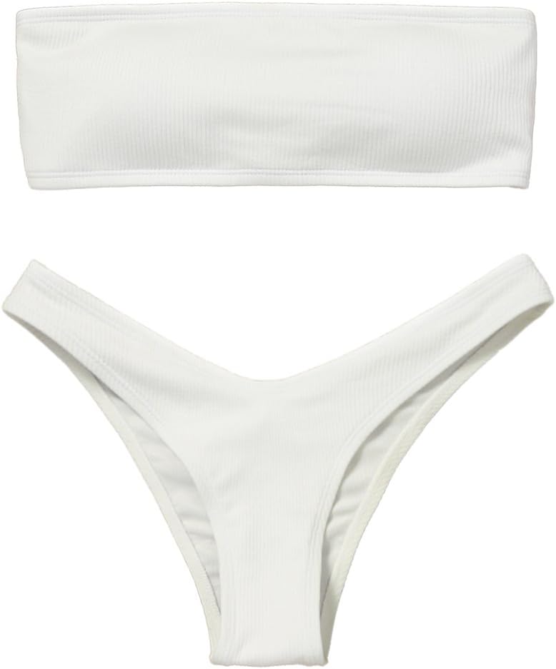 ZAFUL Women's Strapless Ribbed Lace Up High Cut Two Piece Bandeau Bikini Set