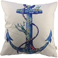 HOSL Blending Linen Square Throw Pillow Case Decorative Cushion Cover Pillowcase for Sofa Blue Rusty Anchor with Coral 18 "X18 "