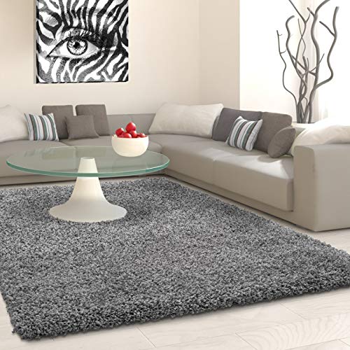 Carpet 1001 Hochflor Langflor Wohnzimmer Shaggy Teppich Florhöhe 3cm Unifarbe Grau - 140x140 cm Quadrat