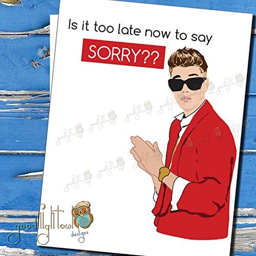 Justin Bieber, Funny Valentines Day Card,"Is it too late now to say sorry?", Sorry Card, Funny anniversary, Girlfriend Card, Boyfriend Card