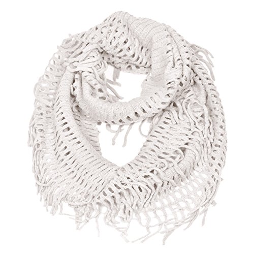 HUE21 Women's Fringe Knitted Crochet Cutout Infinity Scarf White Color
