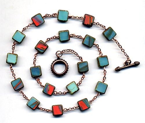 Copper Teal Necklace, Aqua Coral Necklace, Layering Trendy Necklace, Geometrical Square Czech Glass Necklace by AnnaArt72