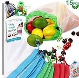 Reusable Produce Bags, 15PCS -12 Washable Mesh Bag, 2 Mini Bag, 1 Metal Straw, with Eco Friendly Toy Fruit Vegetable Produce Bags with Drawstrings for Home Shopping Grocery - 3 Various Sizes