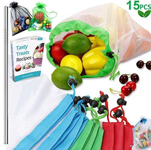 Reusable Produce Bags, 15PCS -12 Washable Mesh Bag, 2 Mini Bag, 1 Metal Straw, with Eco Friendly Toy Fruit Vegetable Produce Bags with Drawstrings for Home Shopping Grocery - 3 Various Sizes