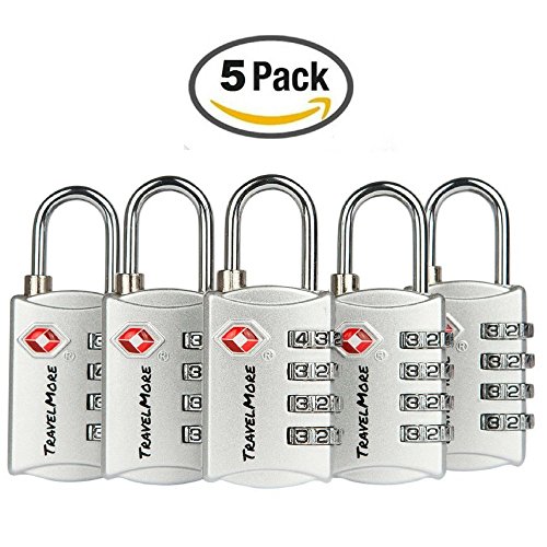 5 Pack TSA Luggage Locks with 4 Digit Combination â€“ Heavy Duty Set Your Own Padlocks for Travel, Baggage, Suitcases & Backpacks - Silver