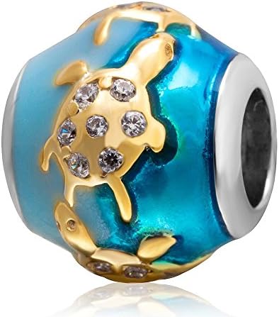 ChaWin Gold Plated Little Turtle on Blue Sea Charm 925 Sterling Silver Enamel Bead Fit Ocean Series European Bracelet Jewelry
