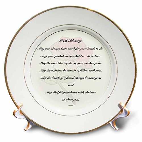 3dRose cp_27408_1 Irish Blessing on Pale Yellow Background with a Red Rose and Laced Border Porcelain Plate, 8-Inch