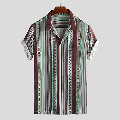 2019 Hot! Mens Summer Tops Loose Fit Casual Button Down Lightweight Short Sleeve Stripe Beach Shirts Blouse Tee (Red, L)