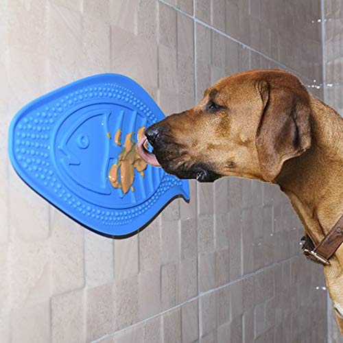 MalsiPree Dog Lick Pad, FDA Approved Dog Distraction Device Peanut Butter Pad with Suction Cup and Bumper, Fish Shape Bath Buddy for Dogs Makes Shower Easy and Funny (Blue)