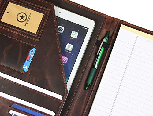 Leather Travel Portfolio | Professional Organizer Men & Women | Tablet Holder Leather Padfolio with Sleeves for documents and Ipad by Aaron Leather (Magnetic Closure, Brown)
