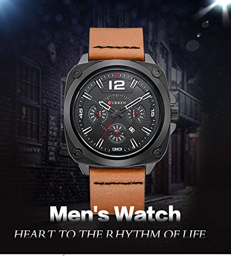 CURREN Hombres de primeras Marcas Relojes de Cuarzo Deportes Reloj de Cuarzo Correa de Cuero Reloj Militar Naranja - Imagen 4