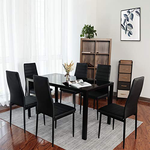BAHOM 7 Piece Kitchen Dining Table Set for 6, Glass Table and PU Leather Chairs Set of 6 for Breakfast, Black - Thumbnail 7