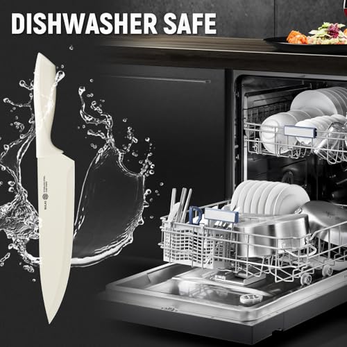 NULAS 15-Piece Kitchen Knife Block Set with Built-in Sharpener, Upgraded Non-Stick Coating Blades, Ergonomic Handles, Dishwasher Safe, Cream