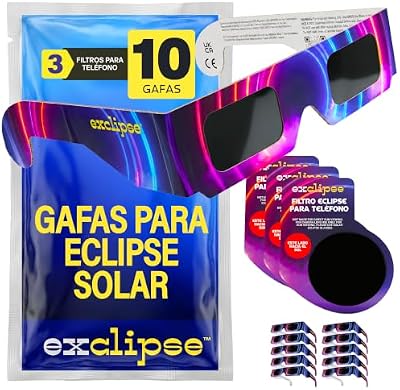 10 Gafas Eclipse Solar con 3 Filtros para Móvil – Certificadas ISO 12312-2, CE & UKCA, Kit Completo para Ver y Fotografiar el Eclipse 2026