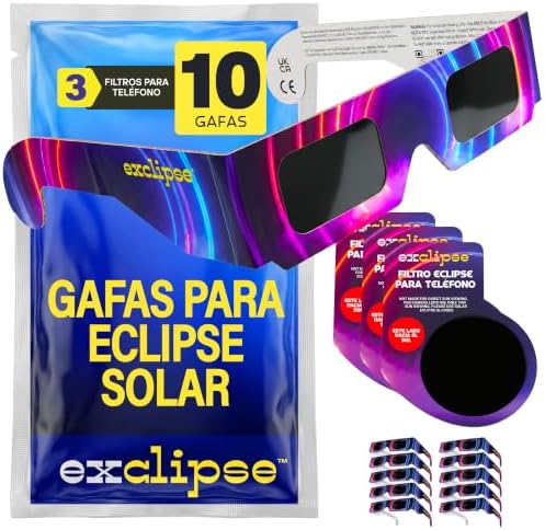10 Gafas Eclipse Solar con 3 Filtros para Móvil – Certificadas ISO 12312-2, CE & UKCA, Kit Completo para Ver y Fotografiar el Eclipse 2026