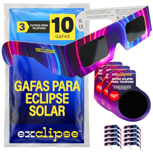 10 Gafas Eclipse Solar con 3 Filtros para Móvil – Certificadas ISO 12312-2, CE & UKCA, Kit Completo para Ver y Fotografiar el Eclipse 2026