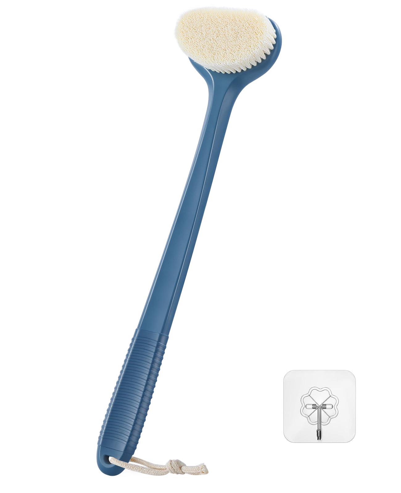 Back Scrubber for Shower with 17" Long Handle, Non-Slip Grip, Moderate Bristles Shower Brush for Gentle Exfoliation, Body Brush for Men & Women – Navy Blue