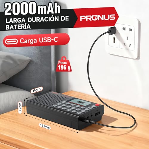 PRUNUS J-168 FM/Am/SW Digital Radio with Manual Preset, Rechargeable Small Portable Radio 2000mah, Sleep Timer, Excellent Reception, Radio with Bluetooth 5.0, TF Player.