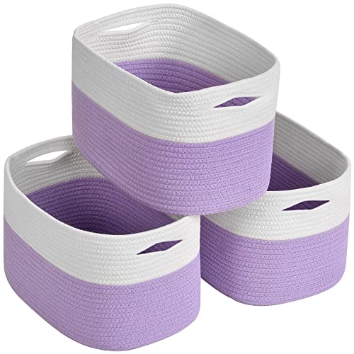 ECDYQXVU Cotton Rope Shelf Storage Basket, 15x10x9 in, Shelf Storage Baskets for Clothes, Towels, Books, Laundry (White/Purple, 3 Pack)