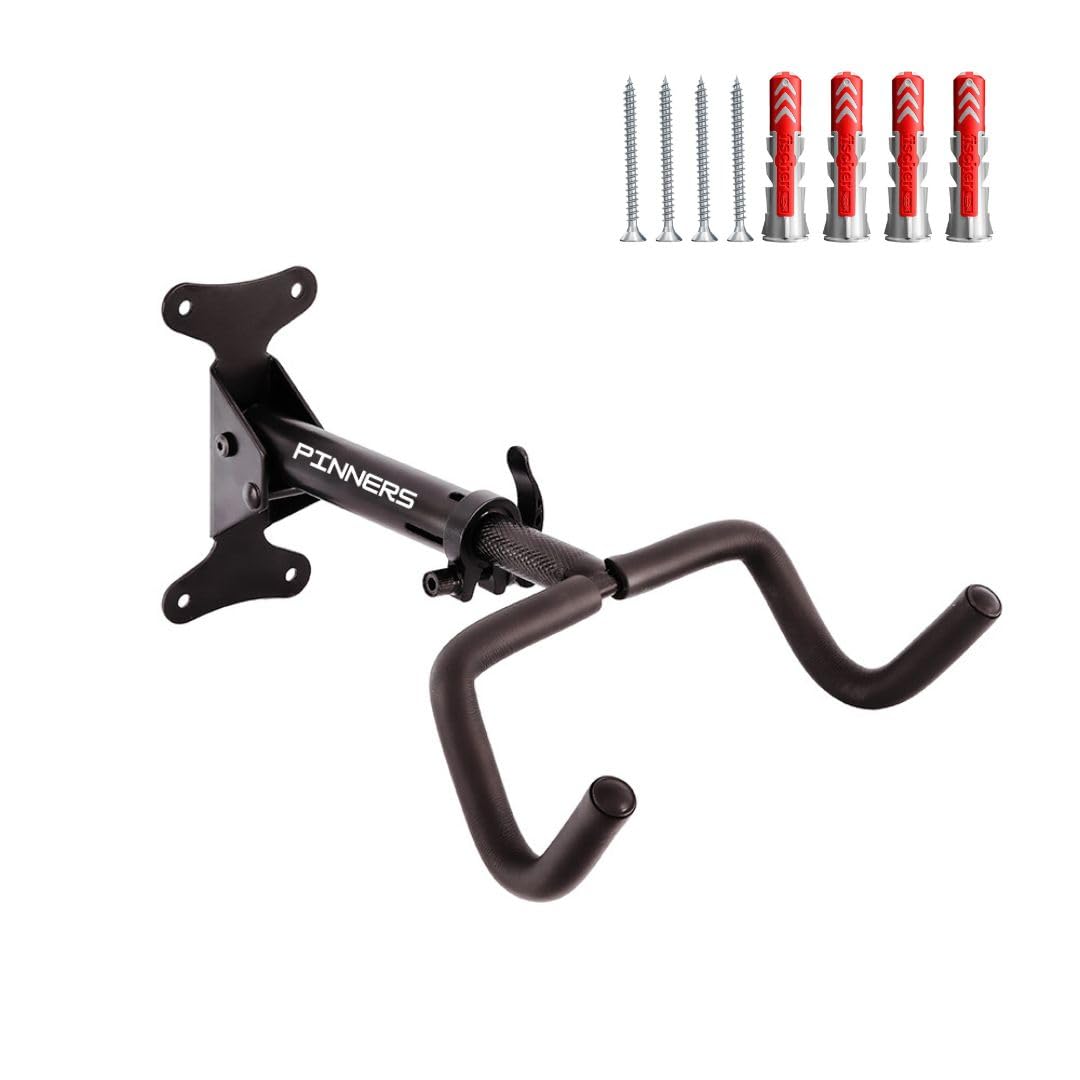 PINNERS Foldable Wall Mounted Bike Rack - Heavy Duty Padded Horizontal Bicycle Hanger Hook for Storage, Holds up to 30kg, MTB, Gravel, Road Bike and E-Bike. Adjustable Distance.