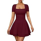 XXTAXN Women's Sexy Square Neck Short Sleeve Ruched Tiered Ruffle Hem Flowy Club Party Mini Dress