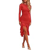 Hocuos Womens 2026 Round Neck Long Sleeve Ruffle Hem Midi Dress Mesh Ruched Bodycon Formal Cocktail Wedding Guest Dresses