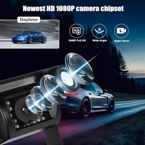 CAMECHO Wireless Reversing Camera IP68 Waterproof Night Vision Wide Angle Camera with 7 Inch HD Monitor for All Models, 12V-36V High Performance Chip with Line Reverse