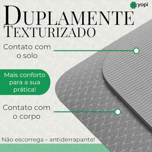 Tapete de Yoga, Preto, TPE Ecológico, 183 x 61 x 0,6 cm, Texturizado, Impermeável, Resistente ao Suor, com Alça de Transporte, Grande, 6mm de espessura, Ioga, Pilates, Yopi