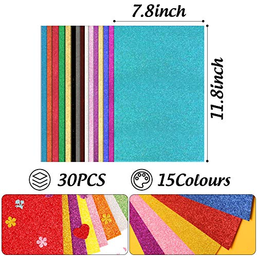 3 otters Glitter Foam Sheet, 30PCS Adhesive Foam Sheets Glitter Foam Paper Craft Foam Sheet 11.8 x 7.8 inches, 15 Colors