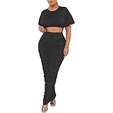 Euulin Women's 2 Piece Outfits Flare Sleeve Crop Tops Sexy Bodycon Jumpsuits Maxi Dresses Midi Ruched Skirt Sets