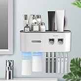 BHeadCat Toothbrush Holders Wall Mounted, Toothbrush Holder with Automatic Toothpaste Dispensers, 6 Brush Slots, 2 Magnetic Cups,1 Cosmetic Drawer Organizer and 1 Large Storage Tray