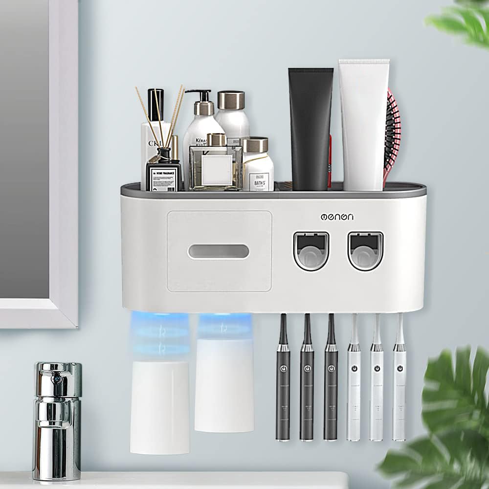 BHeadCat Toothbrush Holders Wall Mounted, Toothbrush Holder with Double Automatic Toothpaste Dispensers, 6 Brush Slots, 2 Magnetic Cups,1 Cosmetic Drawer Organizer and 1 Large Storage Tray（Grey）