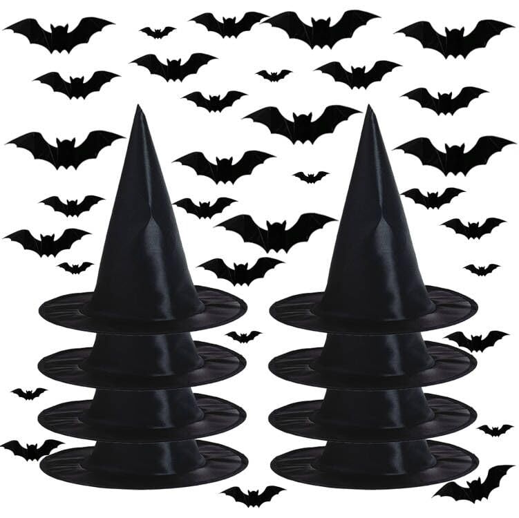 Halloween Decorations Outdoor Indoor - 8PCS Witch Hats & 32PCS 3D Bats Decoration, Witch Hat, Witches Hat, Halloween Decor for Party Favors, Party Supplies, Porch Decor