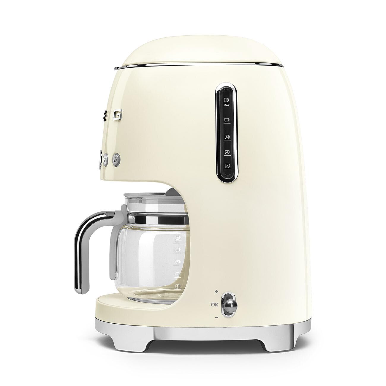 Smeg Cafetera de goteo estética de estilo retro de los años 50 con jarra de vidrio para 10 tazas, función de inicio automático, plato para mantener caliente y dos configuraciones de intensidad del café (crema)