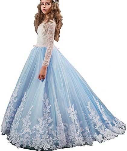 Girls Toddler Pageant Dresses Long Lace Applique Birthday Prom Gowns Blue US 14