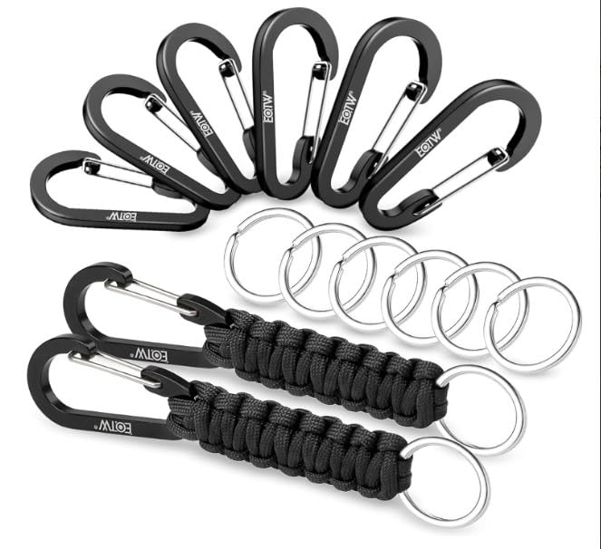 BOPHIS Paracord Keychain Carabiner Clips 2 pcs Umbrella Cord Keychain,15.5cm;6 pcs Mountaineering Buckle,6cm;6 pcs ring,3cm,Paracord Carabiner Clip Black,Paracord Keyrings with Snap Hook,Rope Keyring