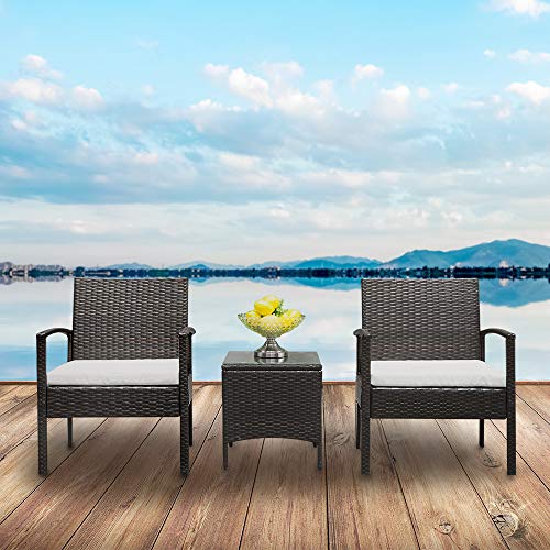 Z ZTDM Patio Porch Rattan Sofa Set, 3-Piece Wicker Chair Sectional, Beige Cushion with Table, All-Weather Waterproof Outdoor/Indoor Use Backyard Poolside Garden Balcony Lawn
