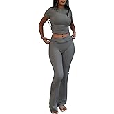 YETOWA Women's 2 Piece Lounge Outfits Slim Short Sleeve Tops Low Rise Flare Leggings Sets Yoga Sweatsuit