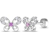 925 Sterling Silver Pink and Clear CZ Butterfly Safety Stud Earrings For Baby Girls- Dazzling Push Back Earrings For Infants, Toddlers, Little Girls & Teens- Safe For Kids With Sensitive Ears